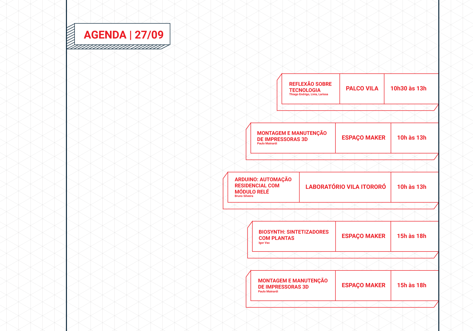 Background com textura hexagonal, constando a agenda do dia 27/09 da #SPMW 2018