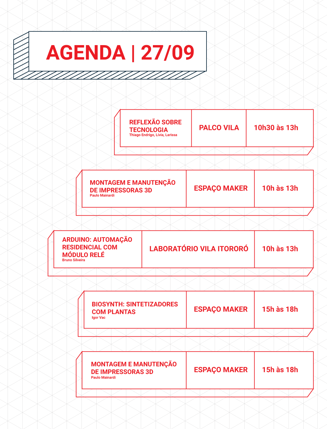 Background com textura hexagonal, constando a agenda do dia 27/09 da #SPMW 2018