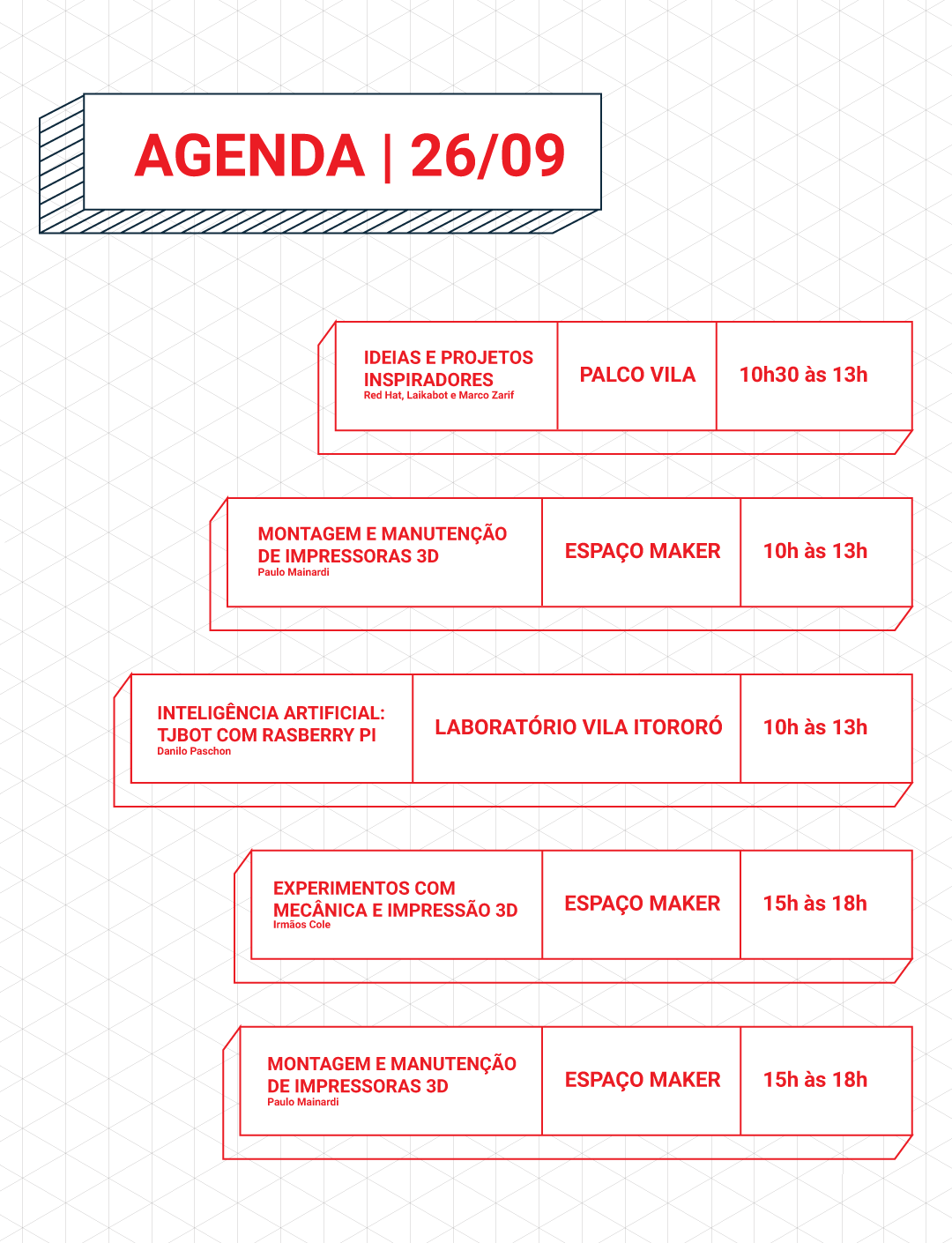 Background com textura hexagonal, constando a agenda do dia 26/09 da #SPMW 2018